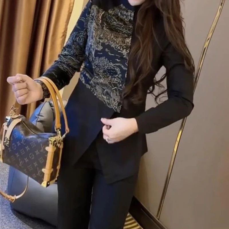 New Chinese style stand collar fashion stitching shirt women's spring new temperament long sleeve design button bottoming top