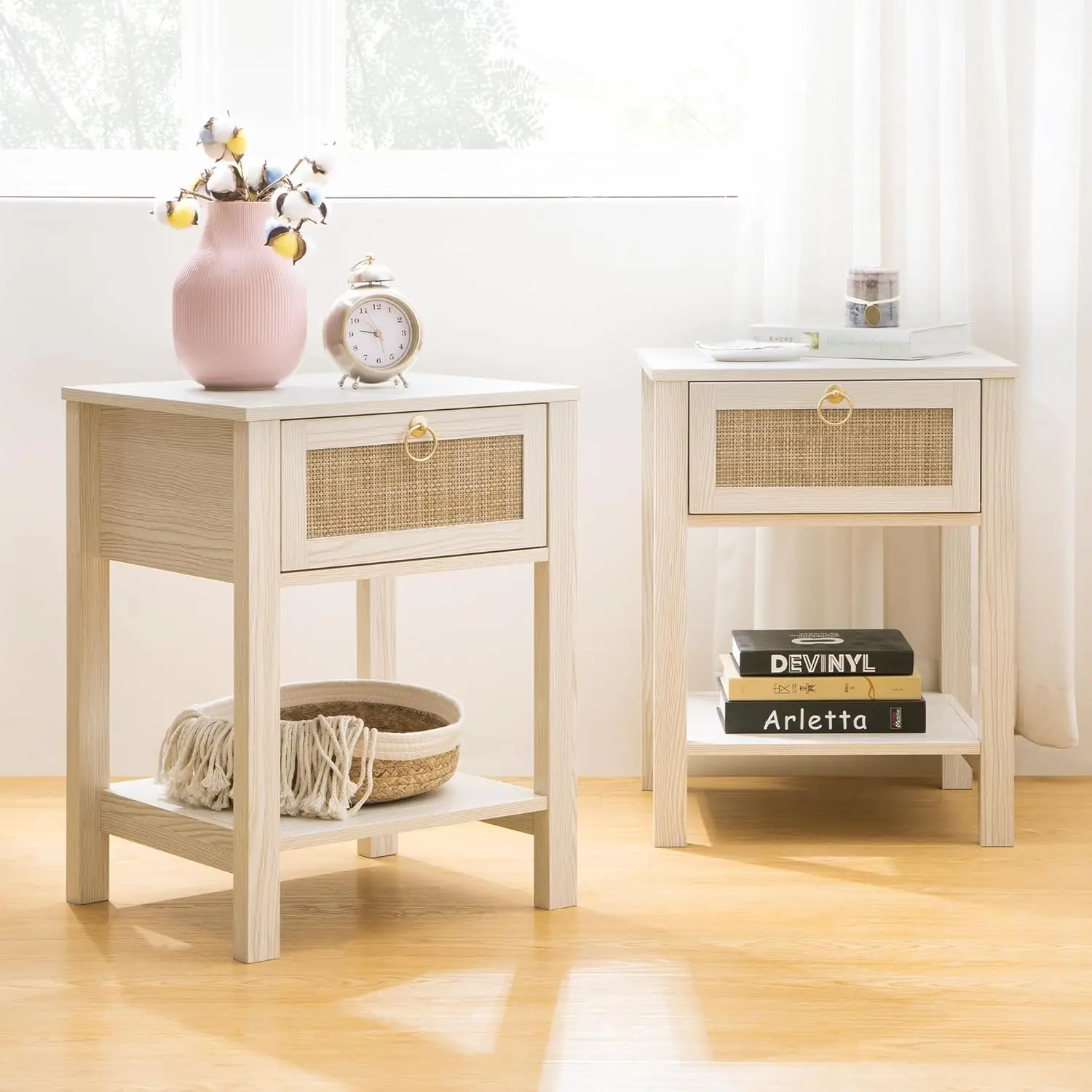 Nightstand ชุด 2,หวายตกแต่งลิ้นชักทองเหลือง Knobs Night Stand ไม้ข้างเตียงตาราง Boho End ตารางด้านข้างตารางเก็บ