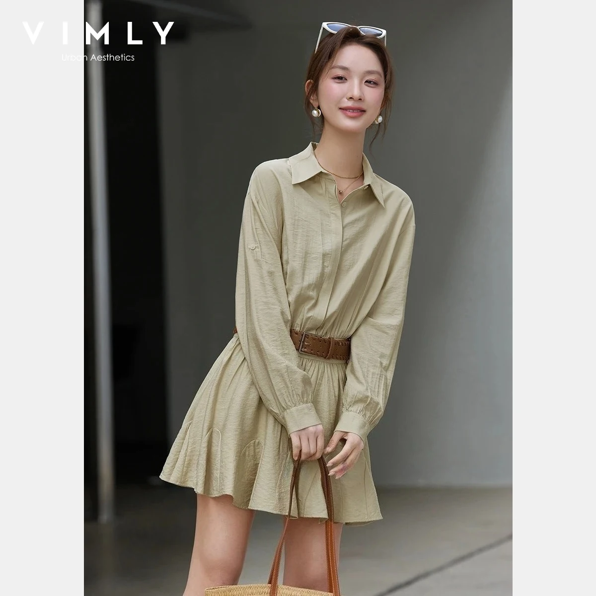

VIMLY Women's Mini Shirt Dress 2026 Spring New Artistic Minimalist Solid Removable Belt Casual Long Sleeve Mini Dress A5161