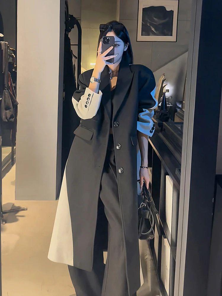 BZVW Korean Style Long Blazer Women's Notched Single Breasted Color Contrast Long Coats Female 2024 Autumn New 25Z1164