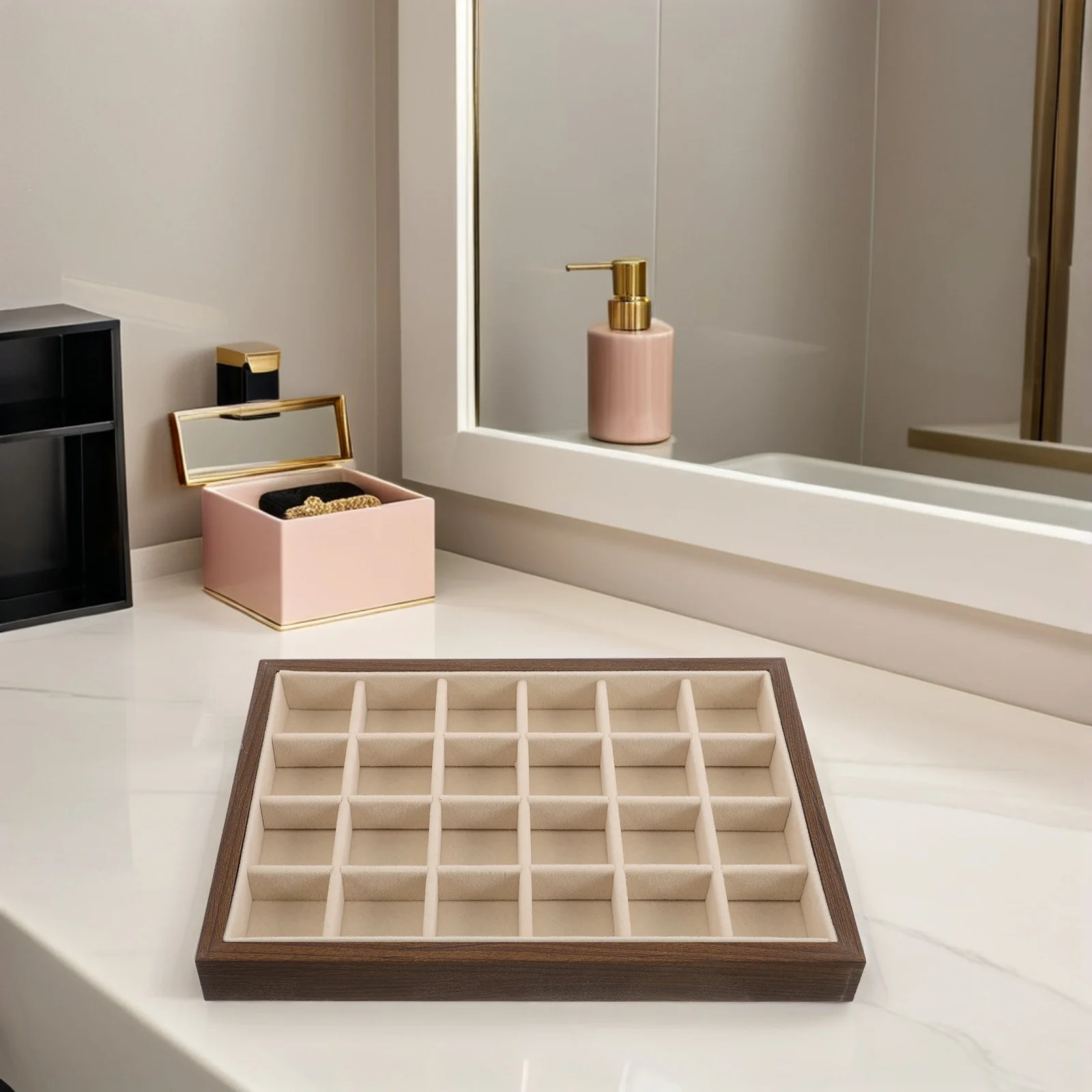 24-شبكة من خشب الجوز، صينية مجوهرات، لمسة نهائية ناعمة، تصميم بسيط لعرض تخزين القلادة والسوار والقلادة