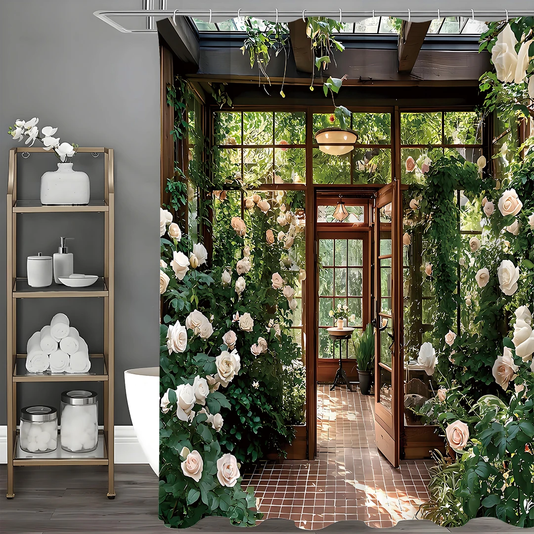 

Flower Room Rosebud Flower Plant Shower Curtain, Bathroom Decorative Shower Curtain, Waterproof Shower Curtain with Hooks