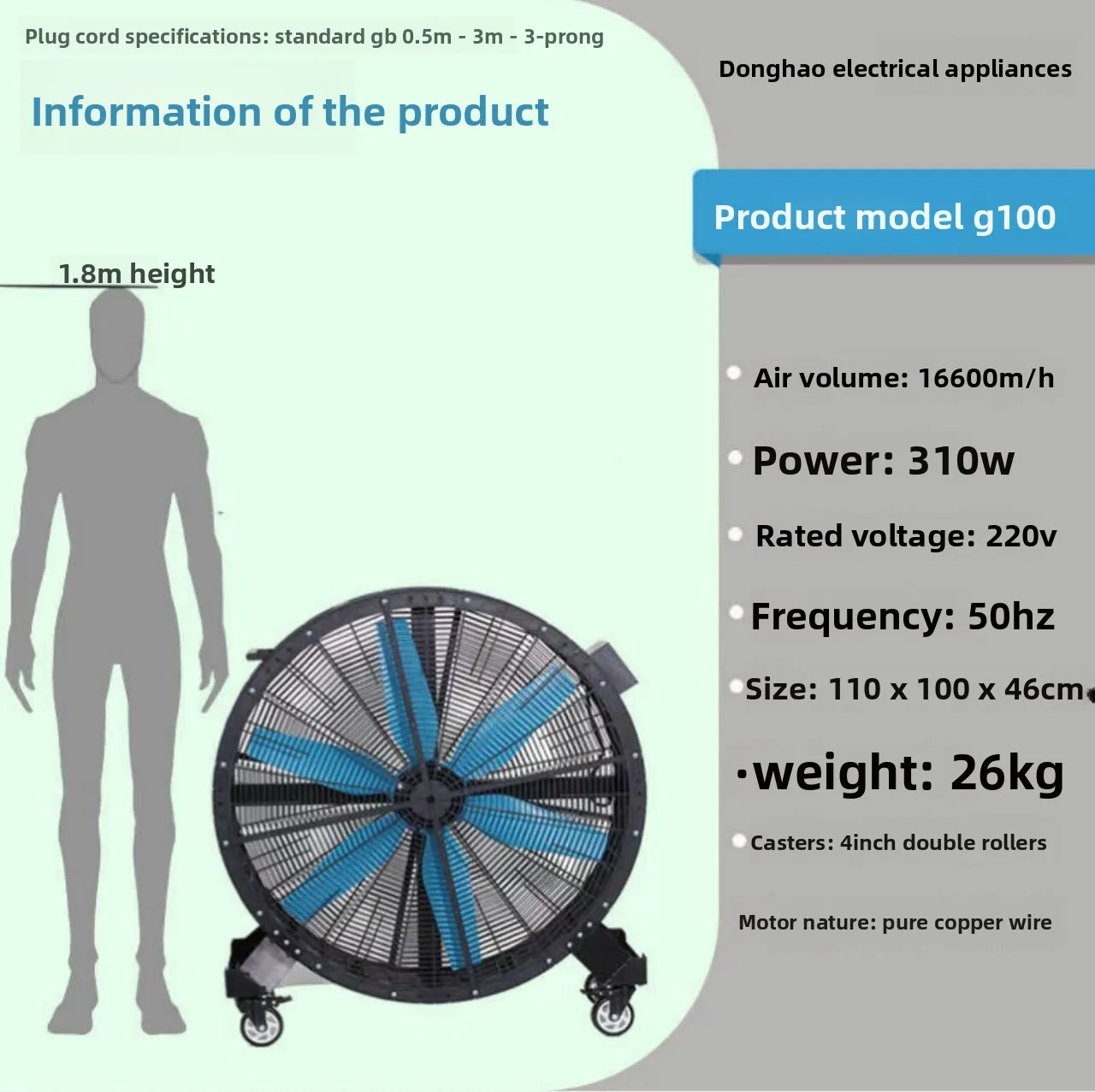 HENGBO 24inch OEM ODM Portable High Airflow Industrial Fan 6 Plastic Blades Copper Wire Motor Free Standing Low Noise 75dB Touch