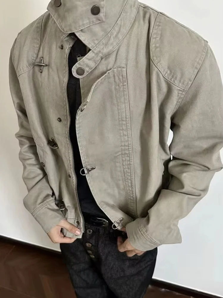 Vintage Mens Jacket Harajuku American Streetwear Buckle Short Workwear Coat Stand Collar Loose Fit Unisex Spring Autumn Clothes