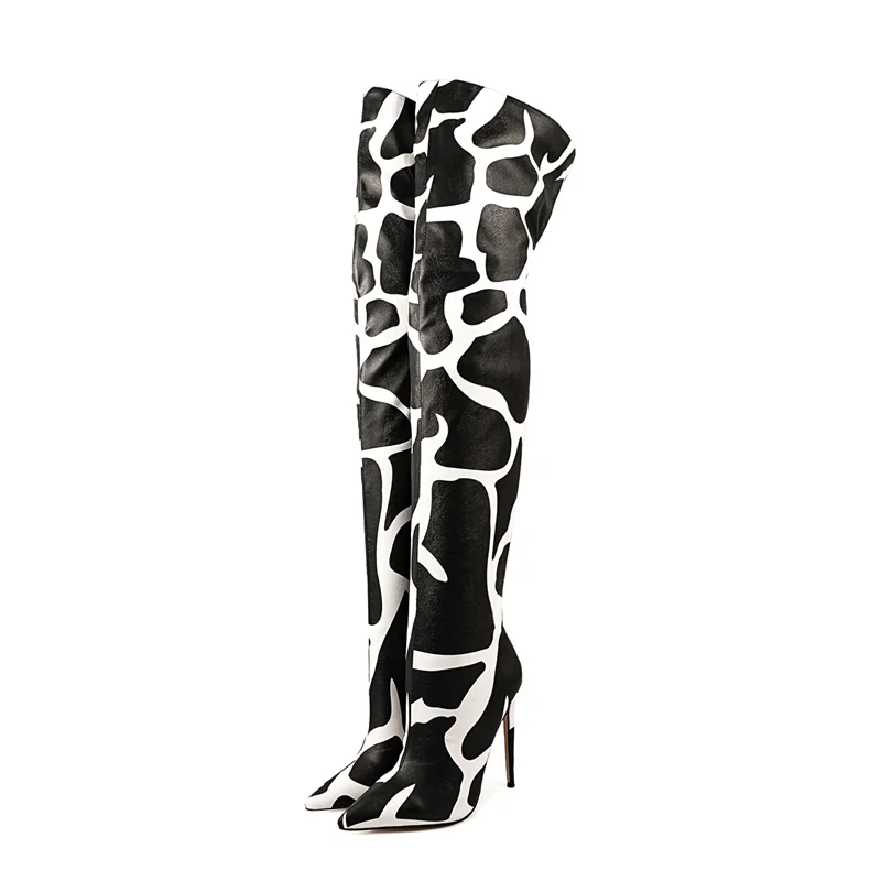 

Stylish Women Giraffe Print Modern Boots Super High Heels Shoes Pointed Toe Back Zipper Women's Thigh High Boots Big Size 35-47