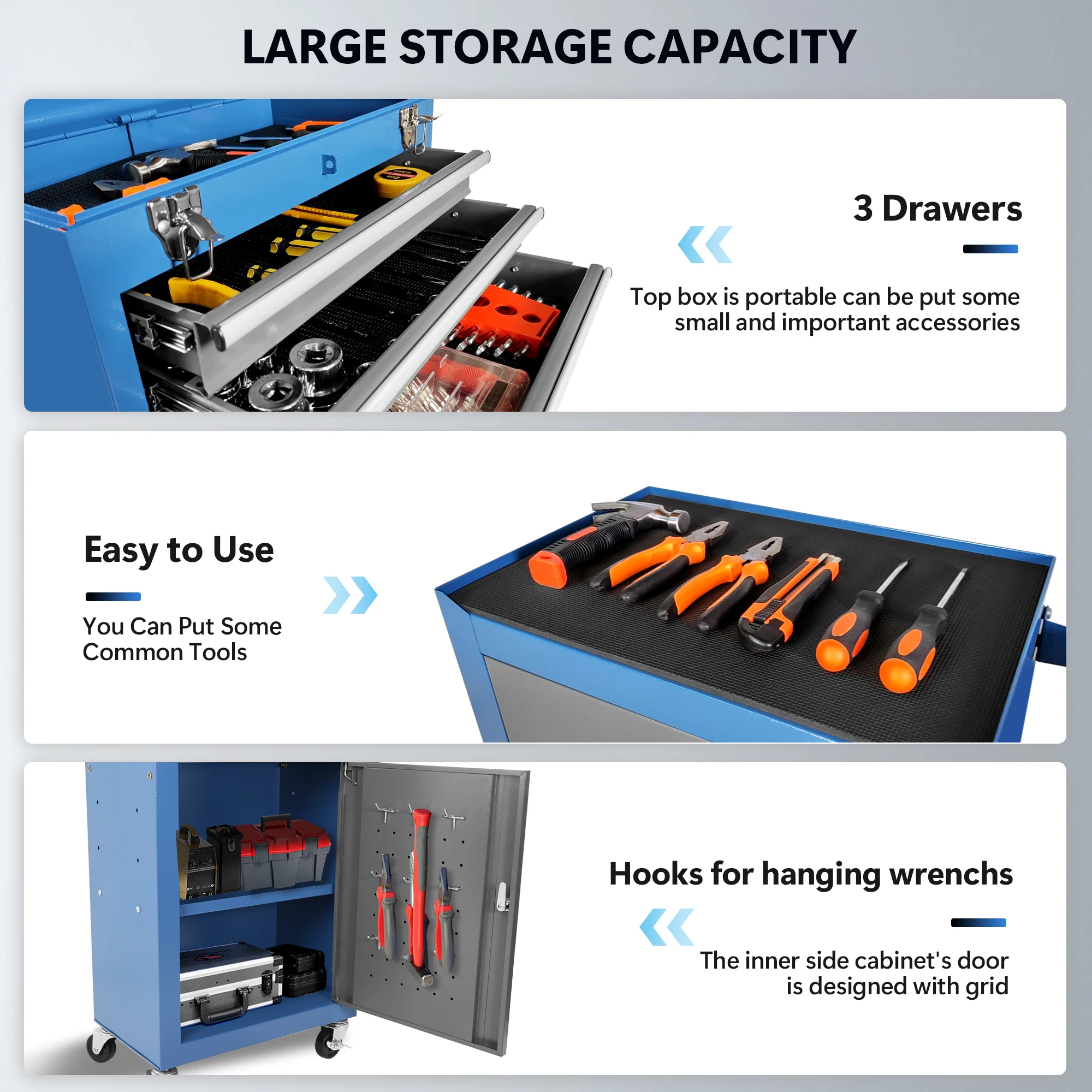 Rolling Garage Workshop Tool Organizer: Detachable 3 Drawer Tool Chest with Large Storage Cabinet and Adjustable Shelf