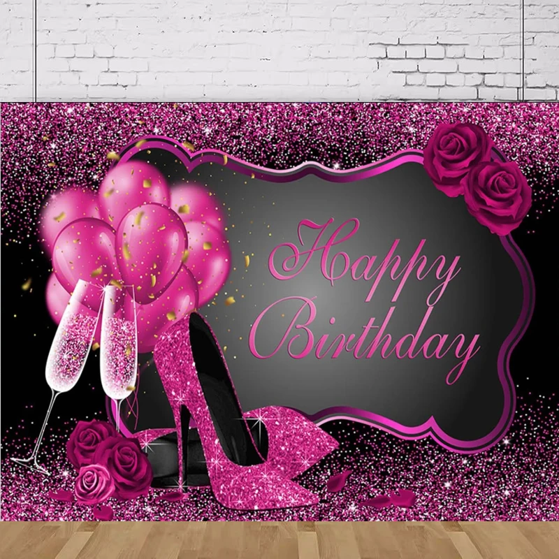 

Фон для фотосъемки, блестящие туфли с кристаллами, розовая роза, фон с шампанским для девочек и взрослых, фон для дня рождения, настенный баннер