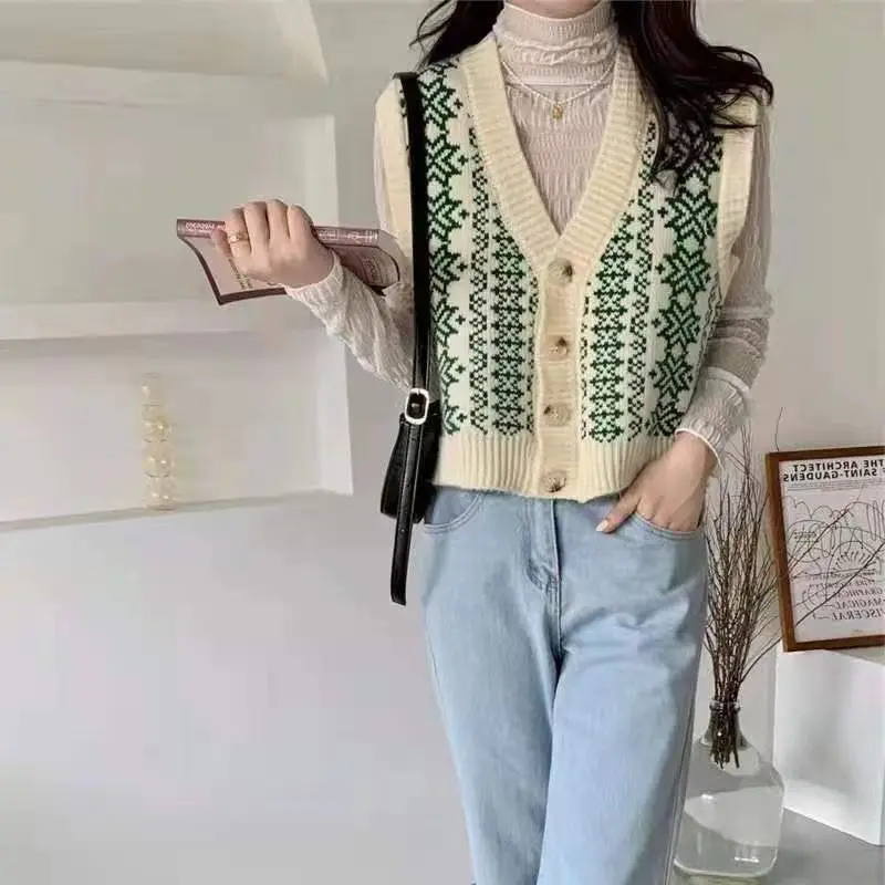 Fair Isle maglione gilet per le donne scollo a v abbottonato senza maniche maglia geometrica Teen-girl Vintage autunno inverno vestito di natale