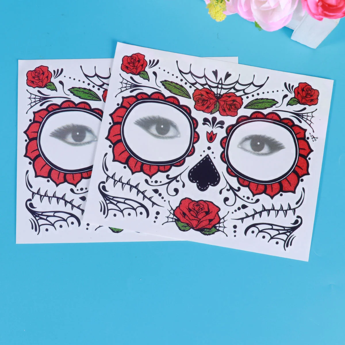 

2 Pcs Halloween Skull Face Stickers Tattoos Party Makeup Accessory Red