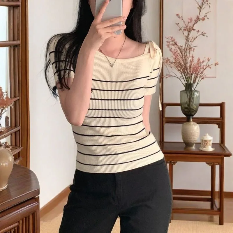 Women Striped Ribbed Knit Top Off Shoulder Tie Strap Short Sleeve Slim Fit Bodycon T-shirt Summer Y2K Streetwear Basic Knitted B