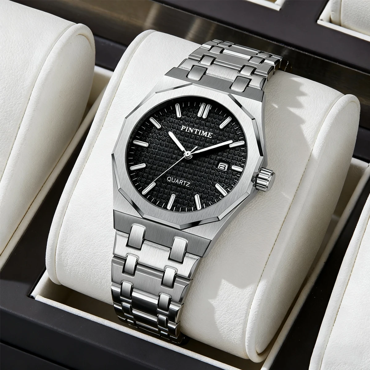 1pc Men's Quartz Watch, 12-Sided Stainless Steel Strap, Hollowed-Out Face, Waterproof and Luminous Fashionable Business Calendar
