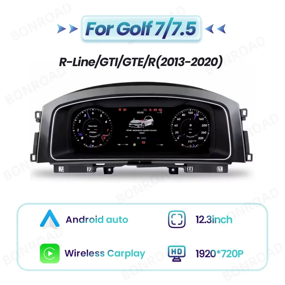 12,3 inch LCD digitaal dashboardcluster voor VW Golf 6 7 MK7 Passat B6 B8 B7 US-versie draadloze CarPlay Android Auto instrumentenpaneel