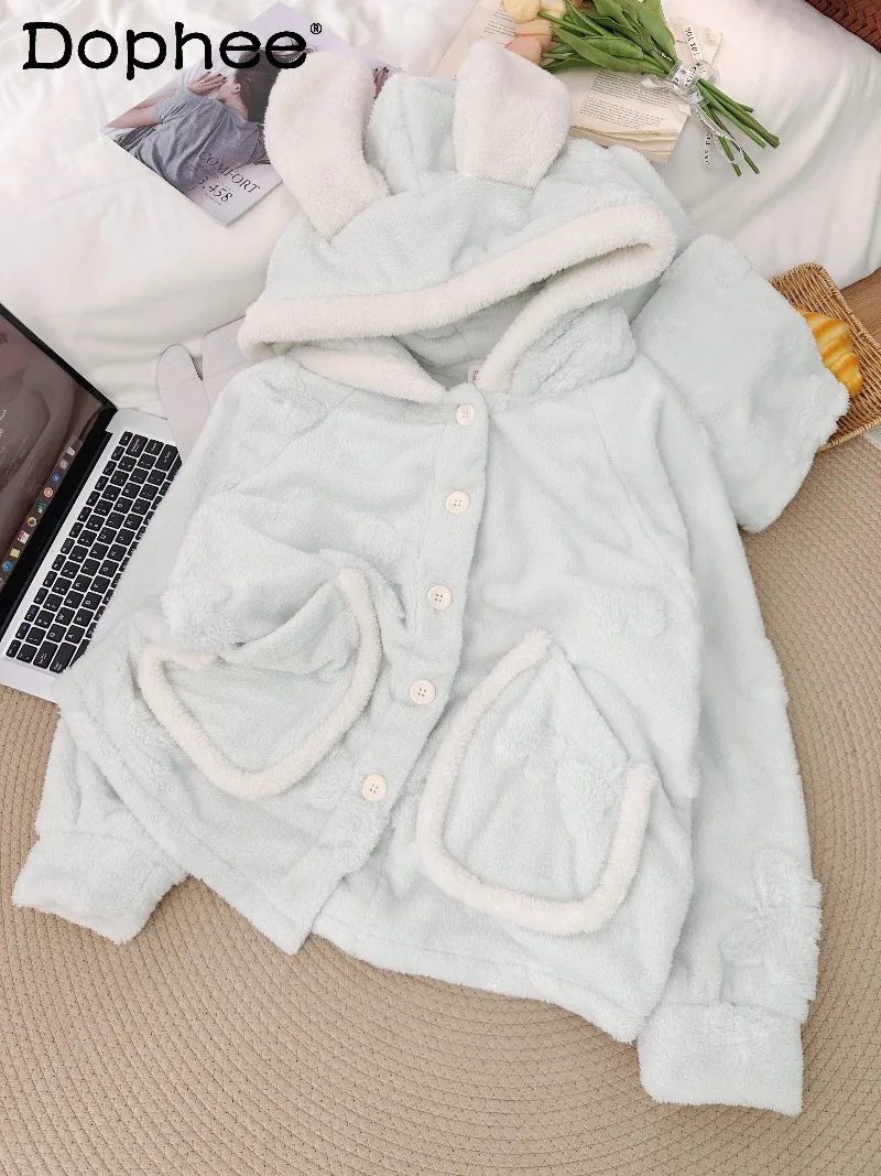 

Autumn and Winter Mint Green Thickened Coral Fleece Pajamas for Women 2025 New Cute Cartoon Bunny Ear Homewear Set