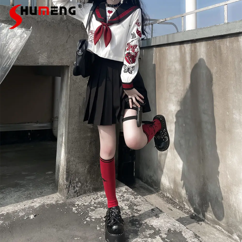 Japanese Style Punk Skirt Sets Dark Jk Uniform Sweet Long Sleeve Embroidery Sailor Bow Tie Shirt and Black Skirts Suit 2 Pieces