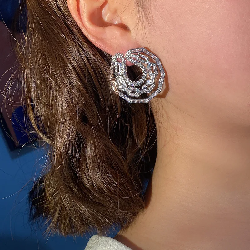 Luxury Hollow Octagonal Chain Style Stud Earrings Full Paved Shiny Cubic Zirconia Geometric Statement Earrings Elegant Daily