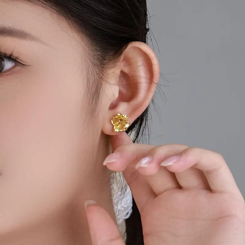 أسعار الجملة --- 24 كيلو الذهب الخالص مطلي الكلاسيكية روز الزهور وأقراط للنساء موضة XP مجوهرات صديقة للبيئة