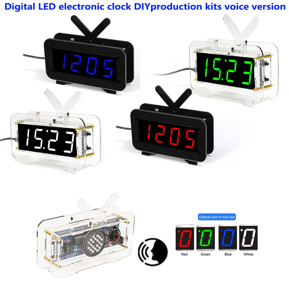 DIY Electronic Kit Clock LED Microcontroller Kit Digital Clock Time Light/Voice Control Temperature Thermometer Red/Blue/Gr/Whi