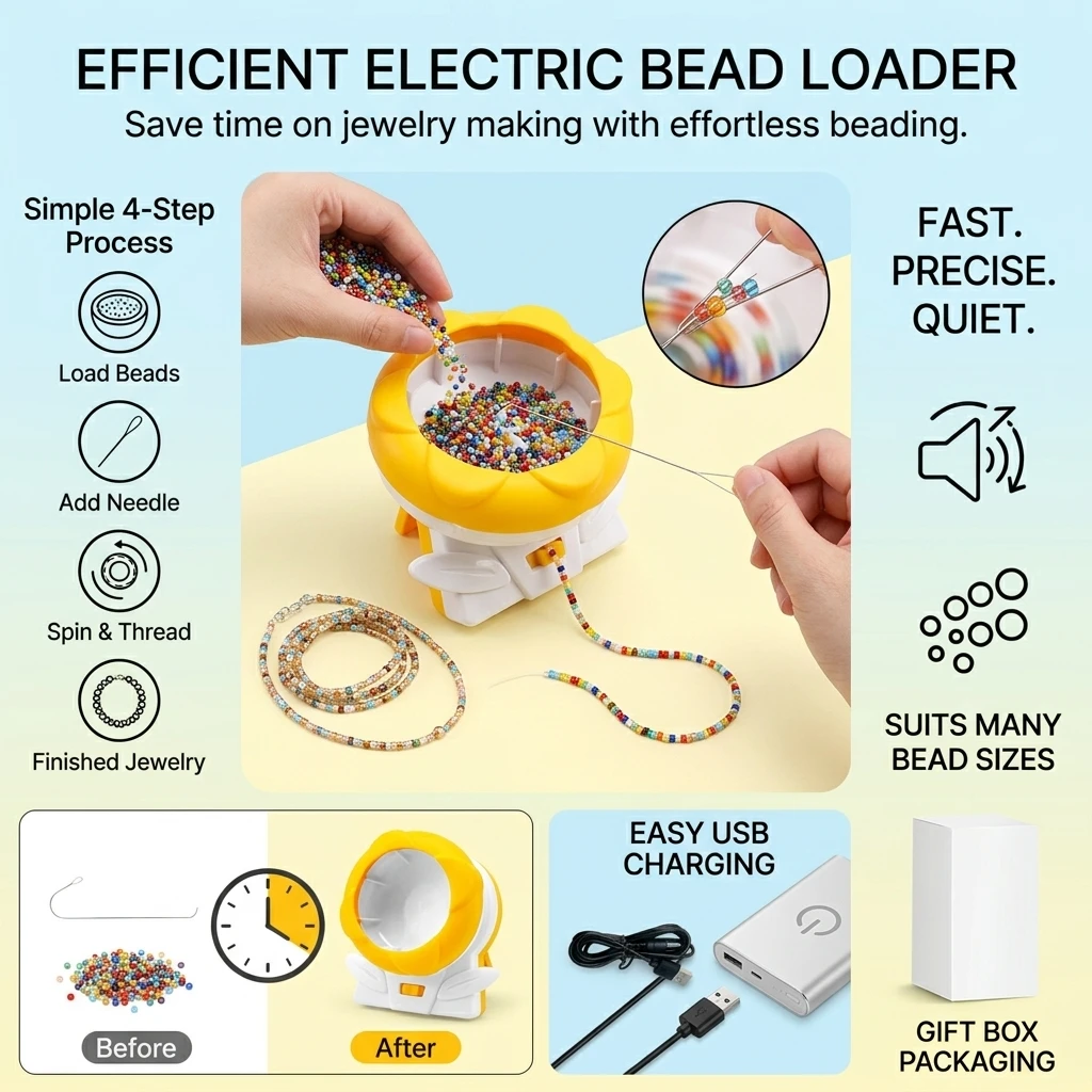 Electric Bead Stringing Machine USB Powered DIY Bead Threader for Seed Beads and Polymer Clay Slices