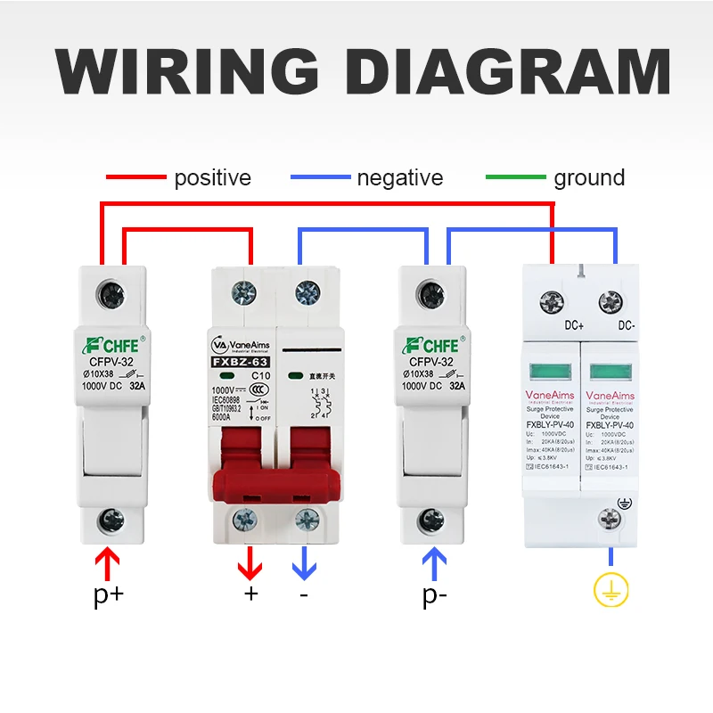 2P DC 1000V Solar Circuit Breaker 6A 10A 20A 25A 32A 40A 50A 63A DC1000v PV MCB Din Rail Battery Switch for Photovoltaic System