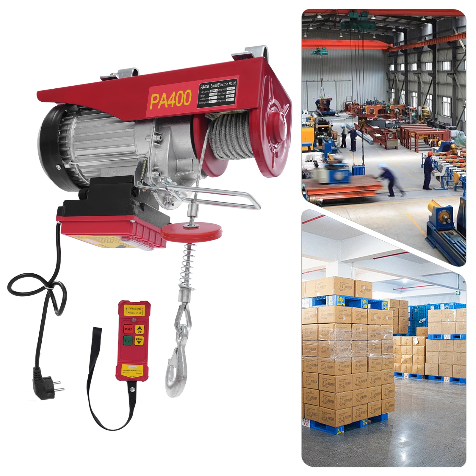 Polipasto Eléctrico de 850W con Control Remoto Inalámbrico y 2 Correas de Elevación, Carga Máxima de 400kg/882lbs, Elevación con Doble Cuerda para Fábrica/Almacén