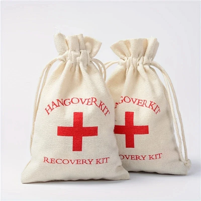 10Pcs Party Wake Up Bags Wedding Guest Gift Storage Bags Cotton Linen Bags First Aid Kits Bags Red Cross Hangover Supplies Kits
