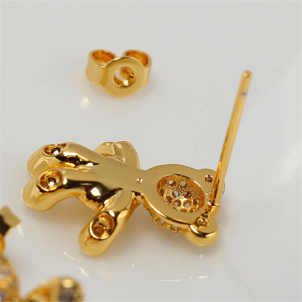 Domestically Produced 14k Gold Little Bear Zircon Pearl Earrings S925 Silver Needle Earrings, Hollow DIY Accessories, Cute