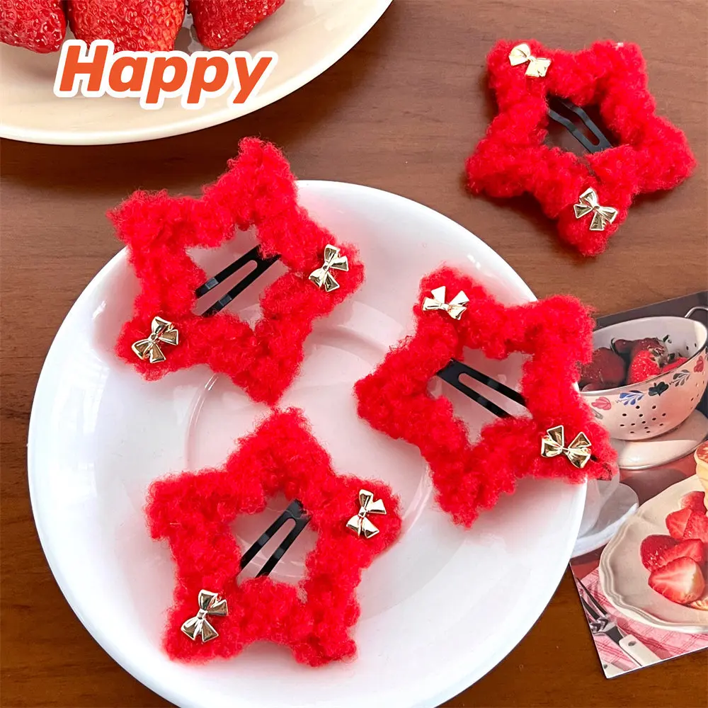 Red Color Plush Star Hair Clip Korean Style Bow Hairpin New Year Hairpin Hair Accessories Barrettes Star Duckbill Clip Daily