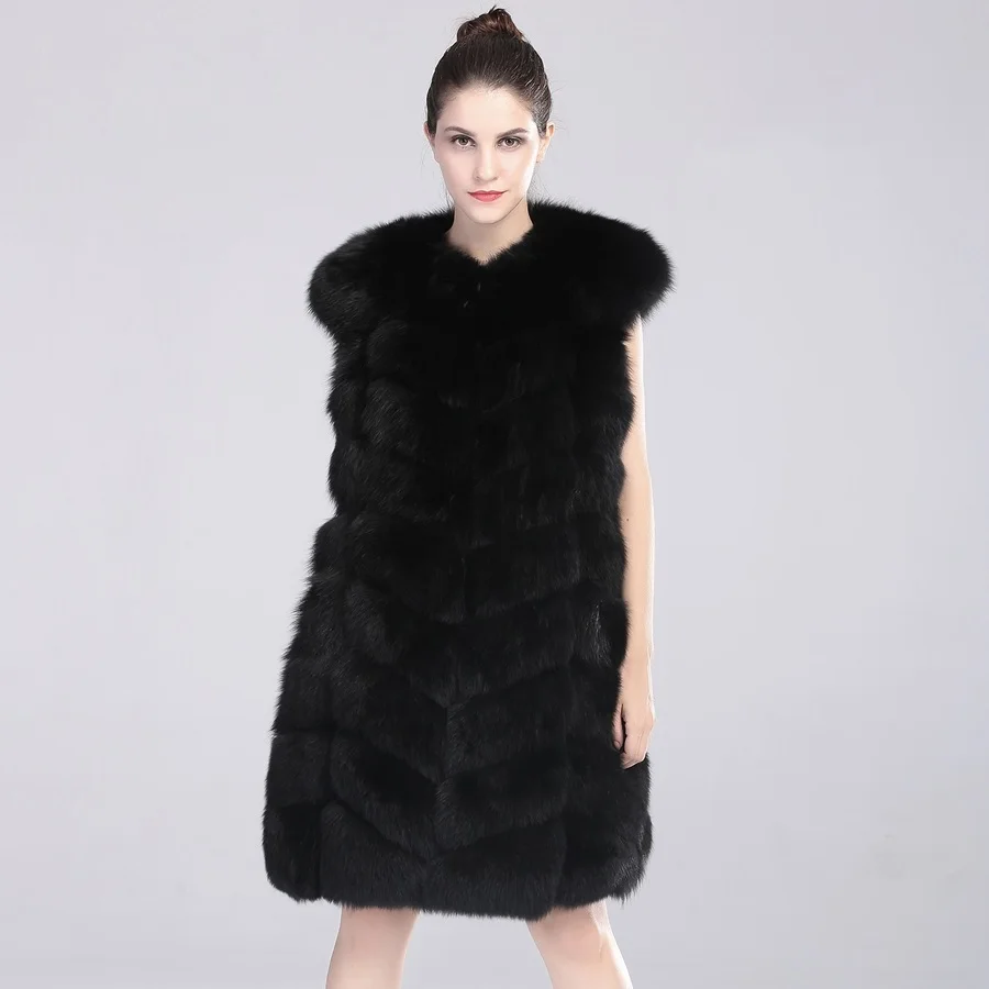 High Quality Fashion Fur Gilet Real Winter Fox Fur Hooded Vest for Women