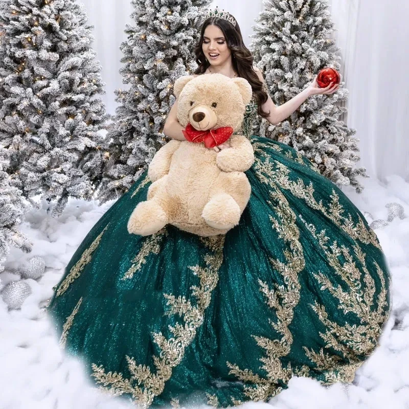 Vestidos de quinceañera verde esmeralda, vestido dulce de 15 hombros descubiertos, apliques dorados con cuentas, vestido de graduación de 16, vestido de baile, ropa de fiesta