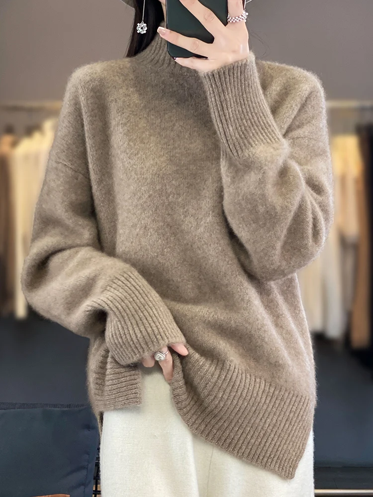 Autumn Winter Women Mock Neck Pullover 100% Merino Wool Sweater Long Sleeve Loose Shoulder Casual Cashmere Knitwear Tops