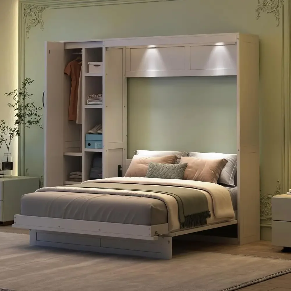 

Special OfferHarper & Bright Designs Ull Size Murphy Bed Wall Bed With Storage Shelves, Wardrobe And LED Lights, Space-Saving Or