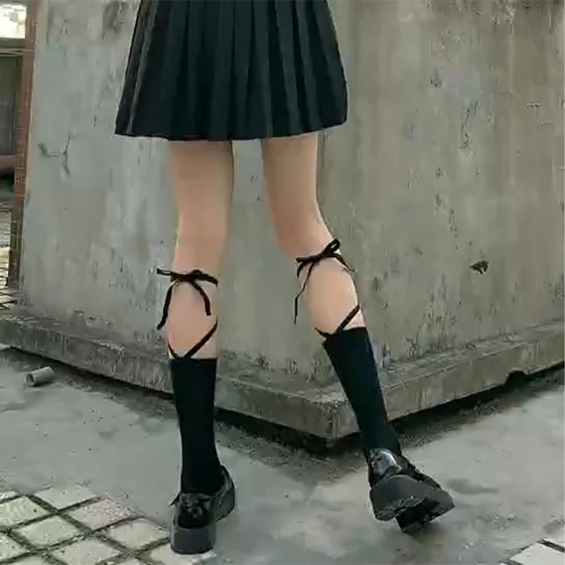 Japanese Harajuku Calf Sock Female Summer Black White Cross Straps Tube Socks Lolita Sexy Letter Skirt College Socks Woman