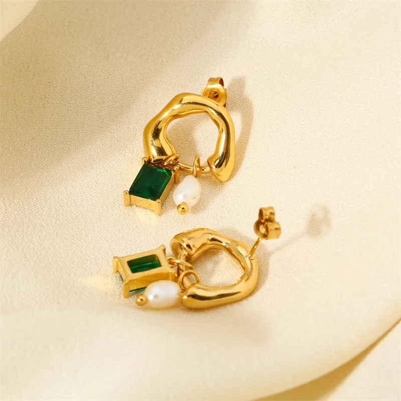 Square Green Crystal Hoop Earrings for Women Fashion Hypoallergenic Gold Plated Stainless Steel Huggie Hoops Party Jewelry