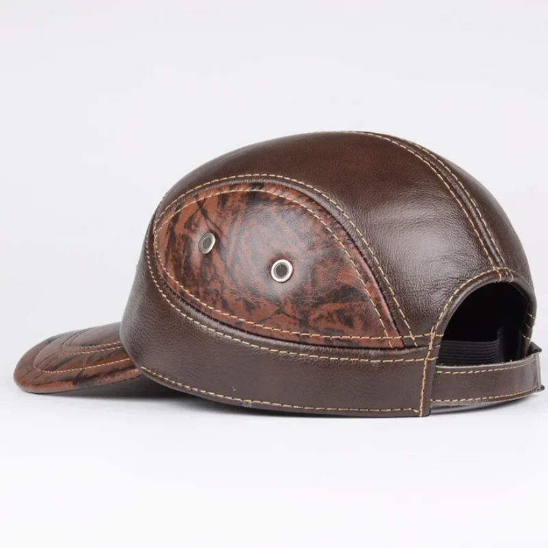 Men Genuine Leather Baseball Caps Male Casual Cowhide Belt Ear Warm 56-60 Adjustable Splice Flight Hats Patchwork Printing