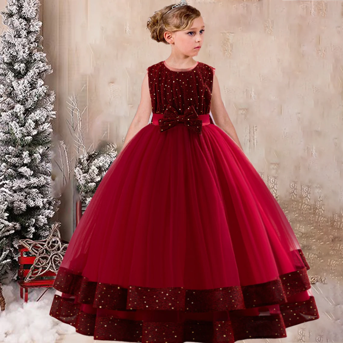 Elegant Girls Christmas Vintage Green Dress Kids Carnival Fluffy Bow Party Dresses Princess Gown For Evening Children Flash Wear