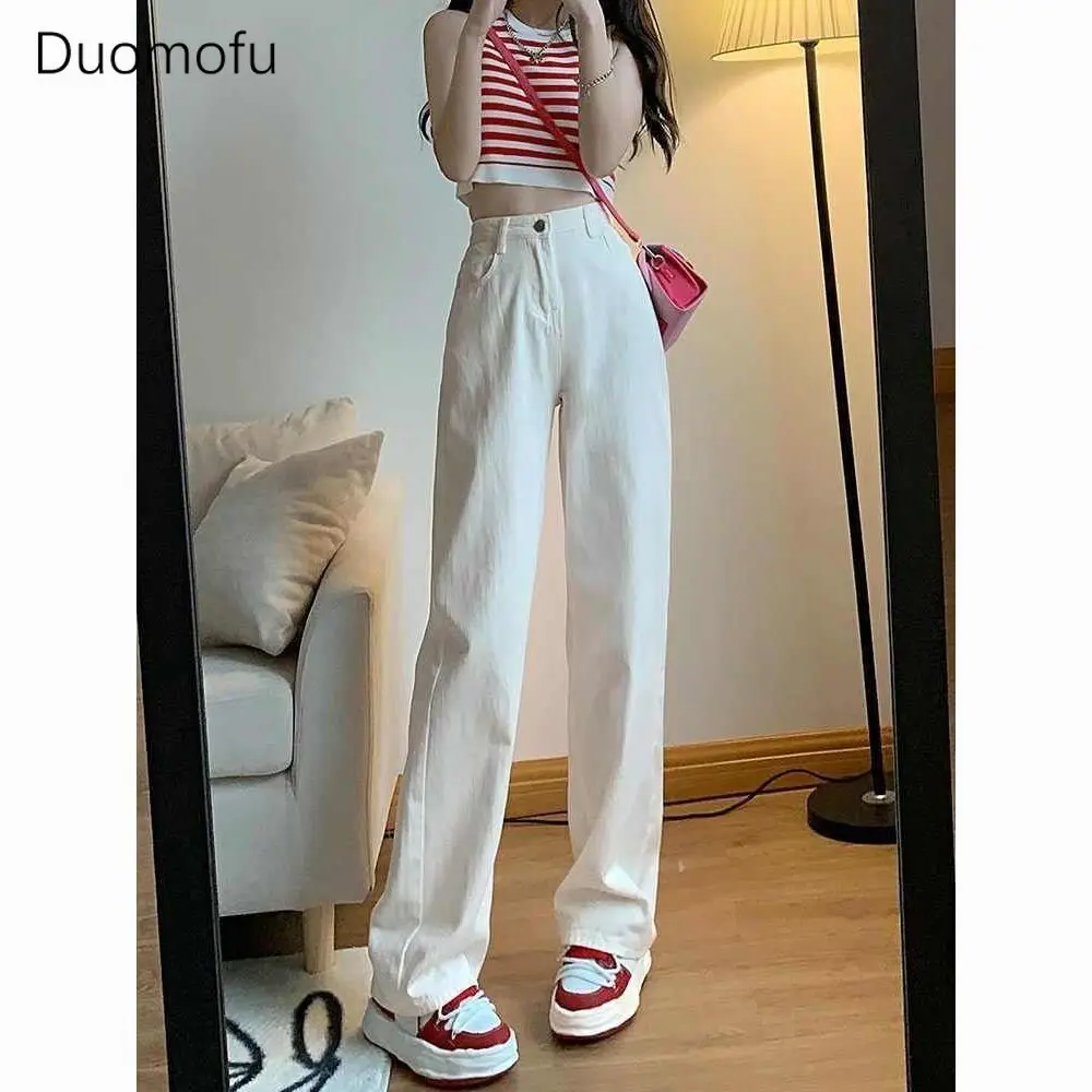 

Duomofu White Korean Straight Slim Female High Waisted Jeans Ins Autumn Simple Casual Fashion Solid Color Women Wide Leg Jeans