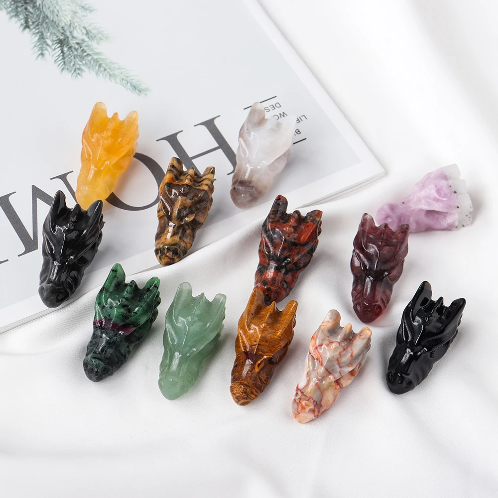 Hand Carved 1pc Natural Healing Crystal Carving Obsidian Aventurine Quartz Dragon Head Skull Figurine Crafts Gift Home Decor view 2