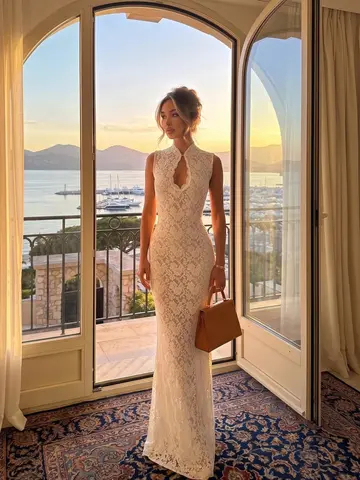 Elegant Floral Lace Bodycon Maxi Dress High Neck Keyhole Sleeveless White Mermaid Wedding Guest Evening Gown