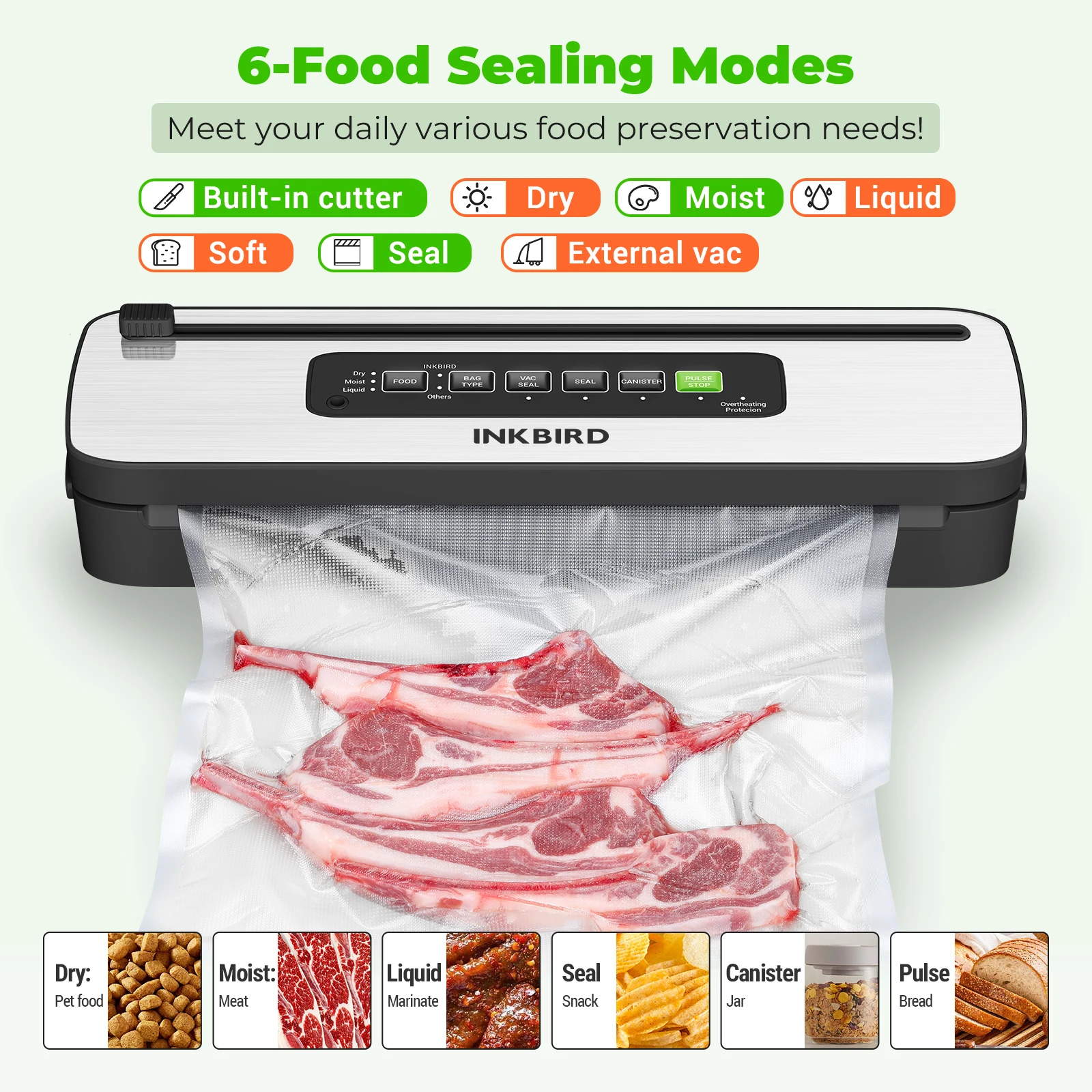 INKBIRD INK-VS05 Home Vacuum Sealer Machine, Dry / Moist / Liquid Food Types with Vac&Seal / Seal Only / Pulse / Canister Modes