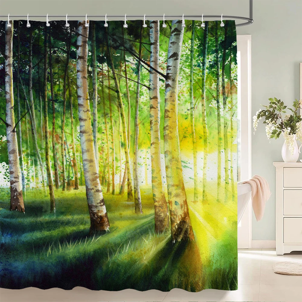 High Quality Birch Forest Trees Printed Shower Curtain Waterproof Fabric Landscape Bath Curtains for Bathroom Decor with Hooks