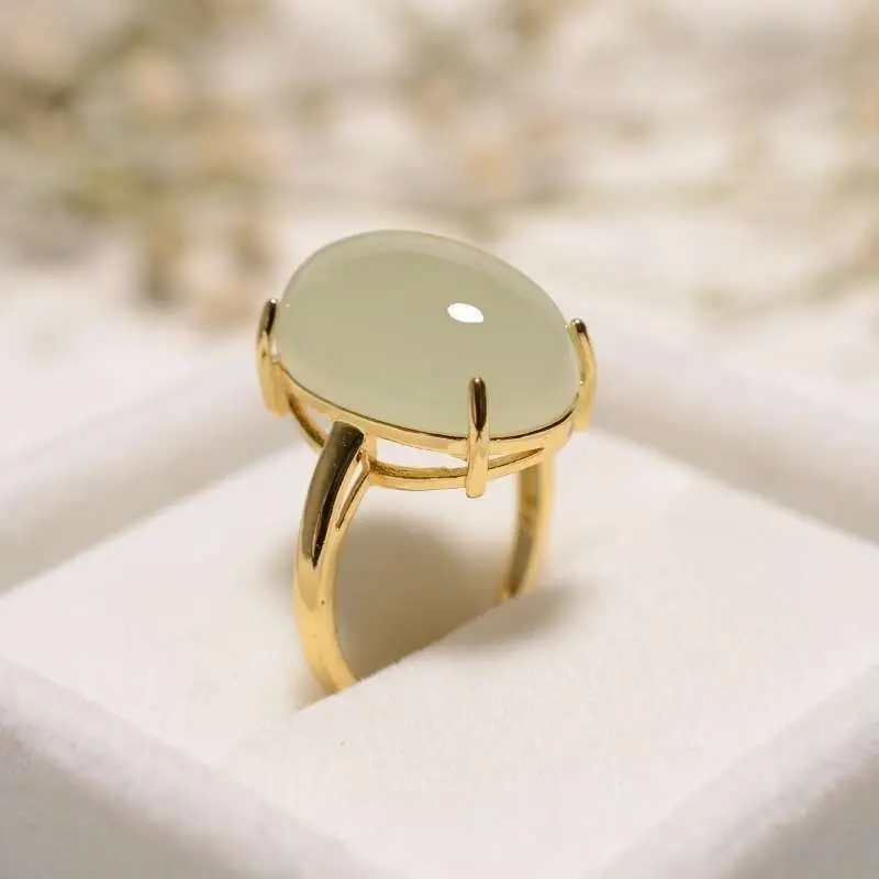 Hetian , Lambswool In Lake , Qinghai Green Inlaid Jade Ring Women, Gold Oval