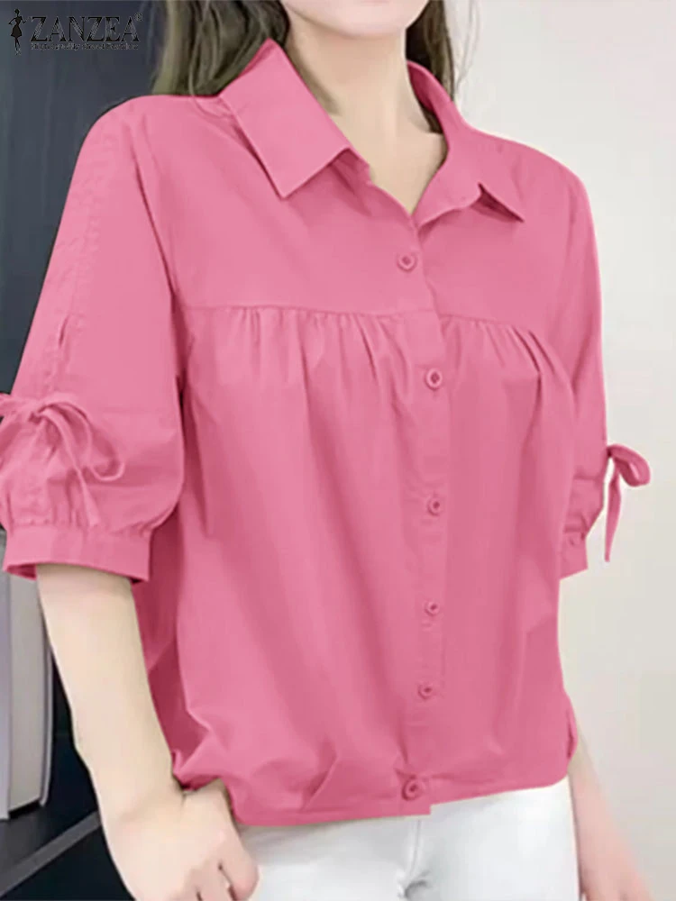 

Women Short Sleeve Work OL Blouse ZANZEA Summer Office Shirt Stylish Bow Holiday Tunic Tops Elegant Casual Solid Buttons Blusas