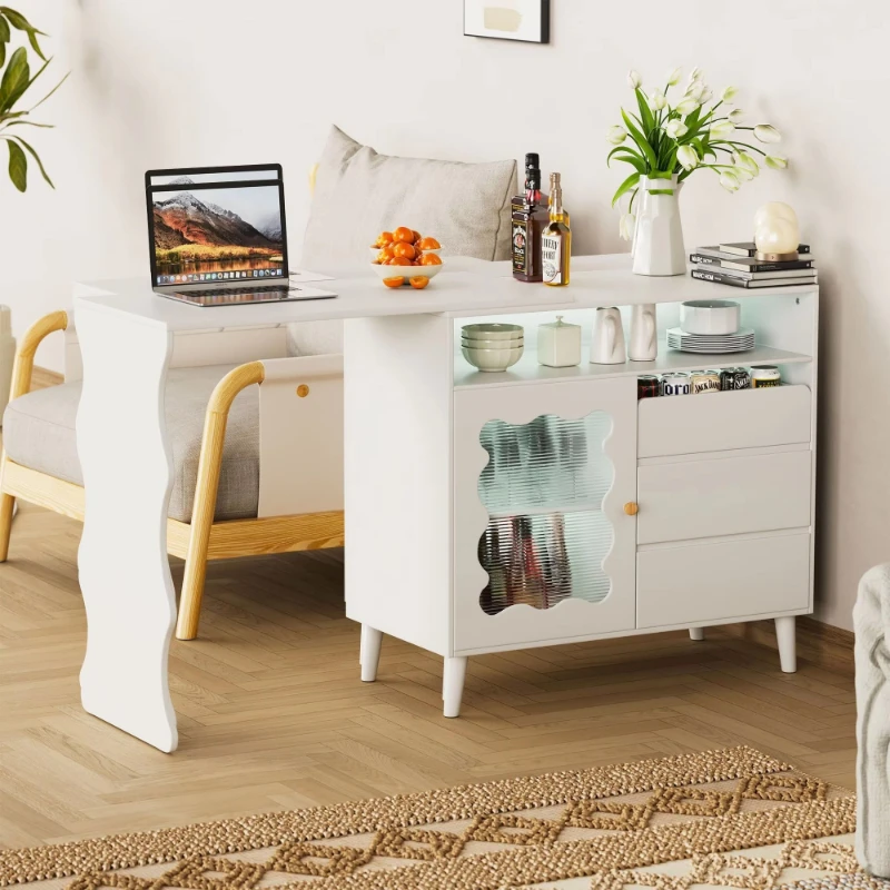 41-79 Modern Farmhouse Style LED L-Shaped Wooden Side Cabinet Buffet Cabinet Storage Drawer Shelf Side