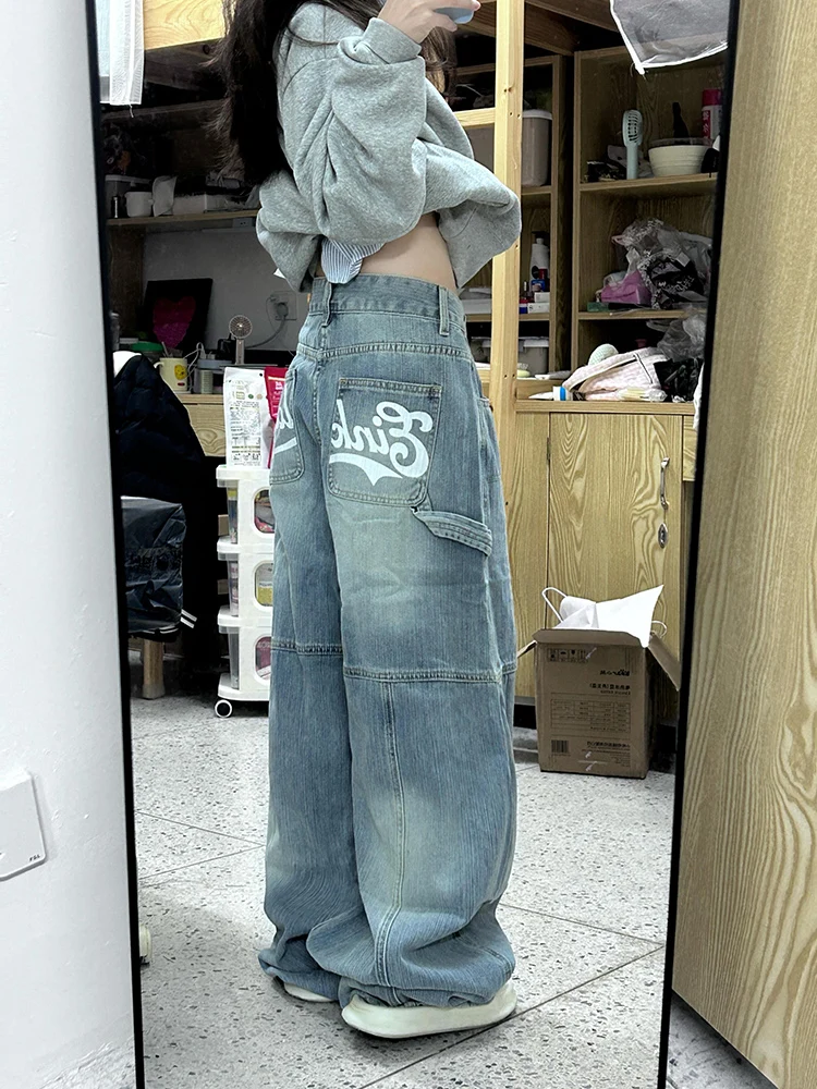 

Loose Wide Leg Pants Distred High-waist Straight Fit Turn-up Autumn Winter Casual Sle Women's Jeans Retro Knifes Printed