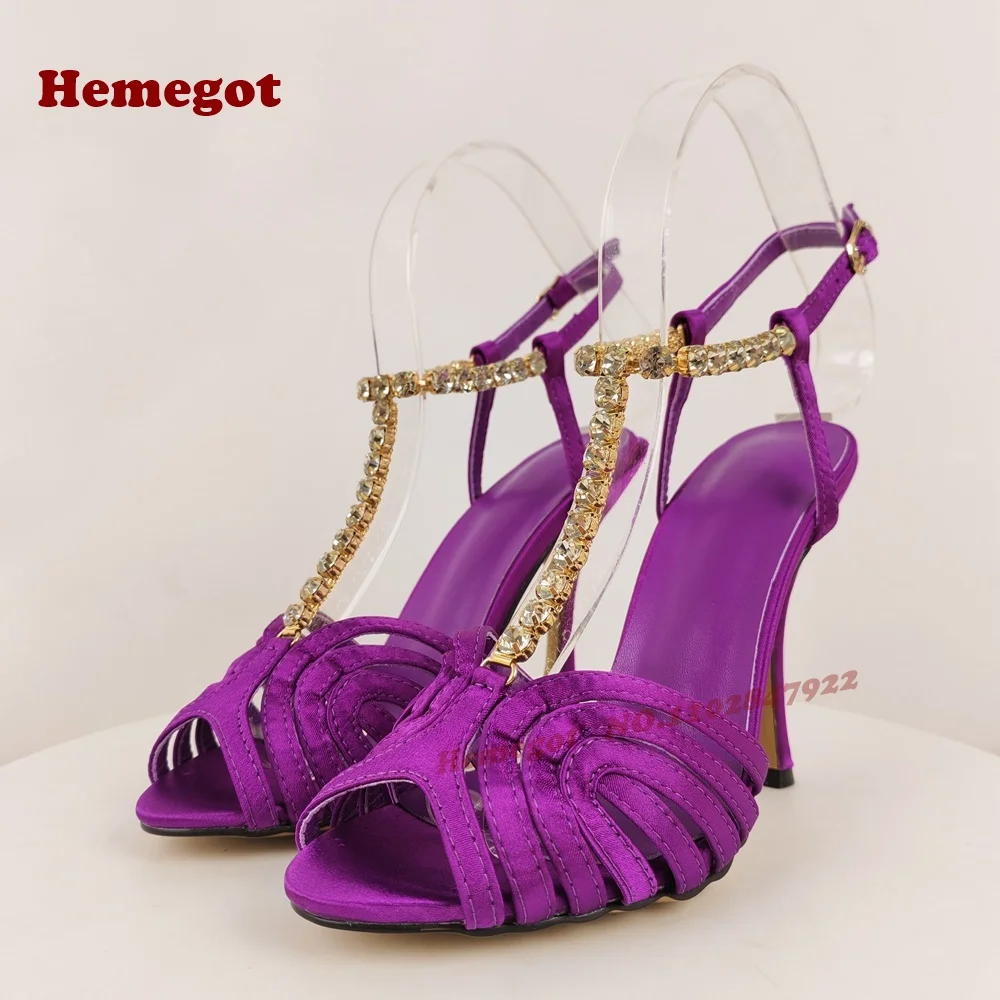 

Purple T-Strap Crystals Sandals Peep Toe Cut Out Stiletto Heels Women's Sandals Rhinestone Bling Buckled Slingback Runway Shoes