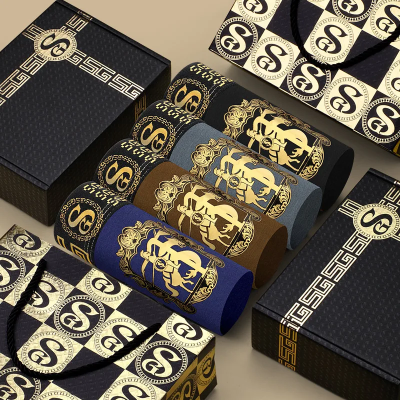 4 PCS summer ice silk refreshing and breathable black gold chain luxury men's boxer briefs with gift boxers mens  трусы мужские