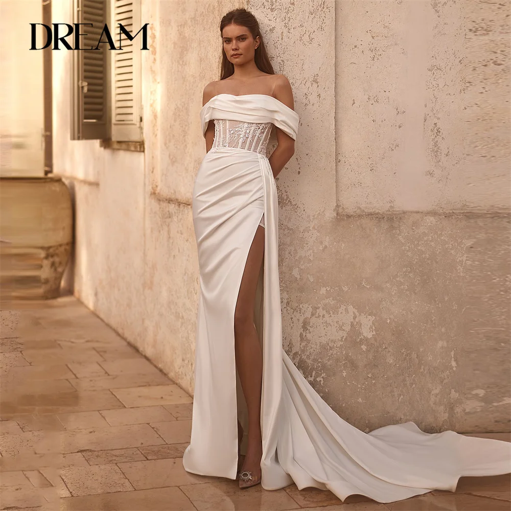 

DREAM Strapless Lace Pleat Mermaid Wedding Dress Off The Shoulder High Split Open Back Bridal Gown Vestido De Noiva Customized
