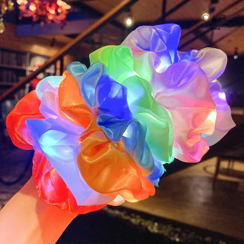 10pc LED Hair Scrunchie Light Up Hair Scrunchy Ponytail Holder Headwear Elastic Satin Hair Bands Girl Hair Accessories for Party