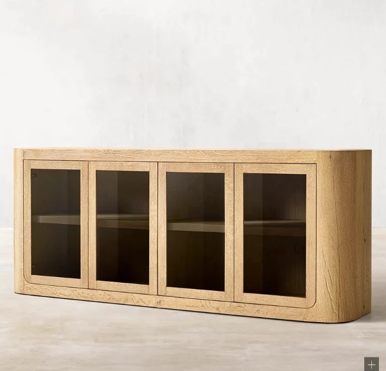 Modern Living Room Furniture Solid Wood Living Room Cabinet Gentle Contour Glass 4- Door Sideboard