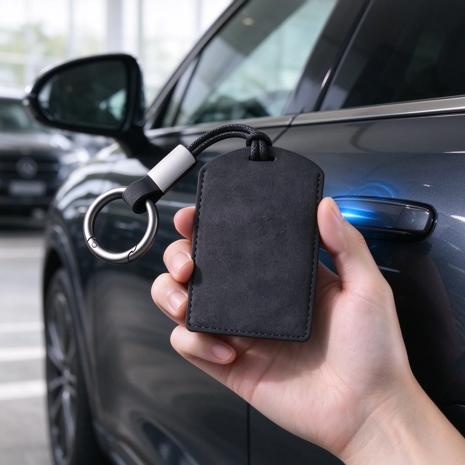 9x6cm Card-Style Car Key Leather Case Suitable for Tesla, BMW, Toyota, and Honda Cars - NFC Card Protective Case with Key Ring